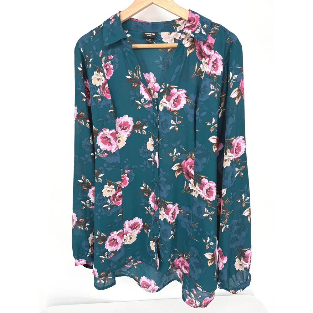 Torrid Harper Blouse Womens 0 Teal‎ Pink Floral Georgette Long Sleeve Tie Back